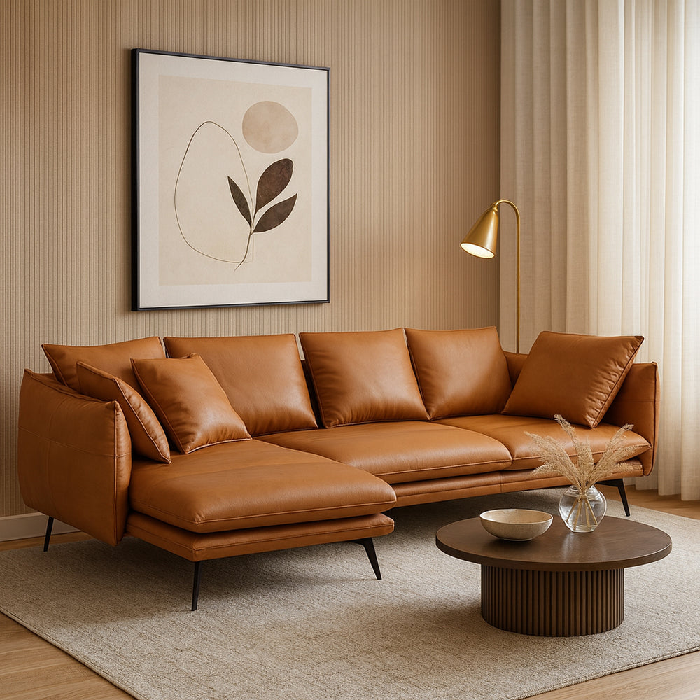 ELIANO Modern Pecan Brown Leather Sectional Sofa with Chaise