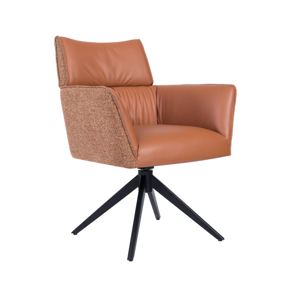Tan leather dining chair with woven side panels and a black metal swivel base.