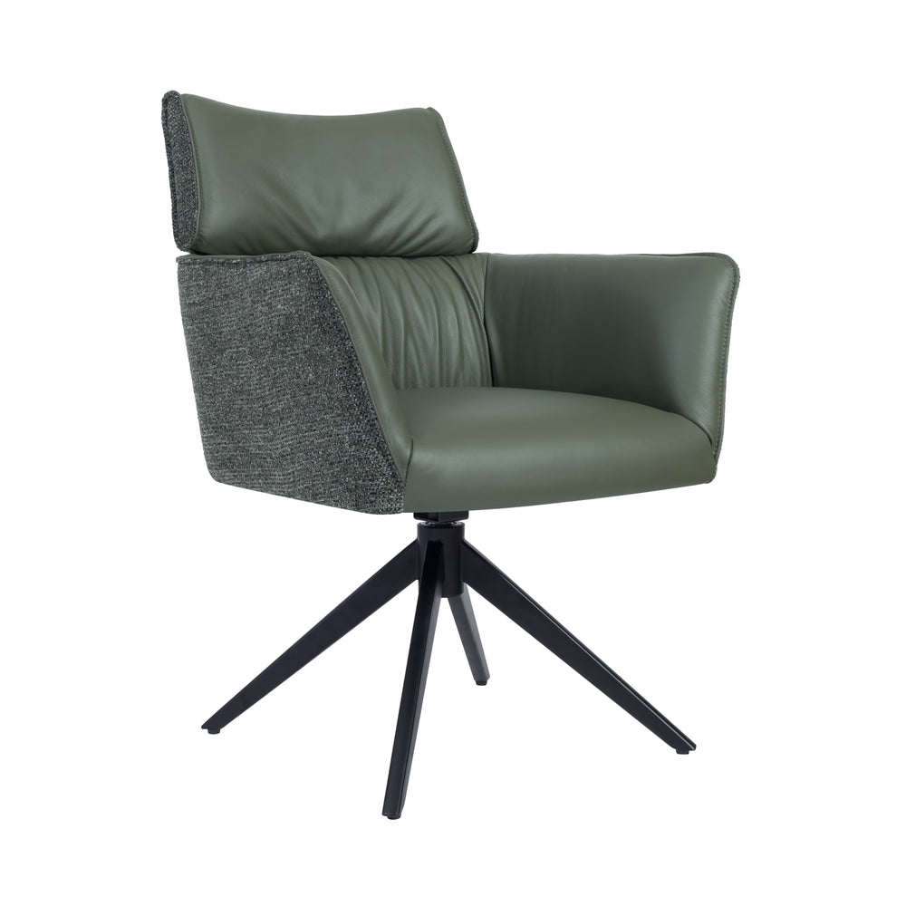 Olive green leather dining chair with grey fabric side panels and a black swivel base.