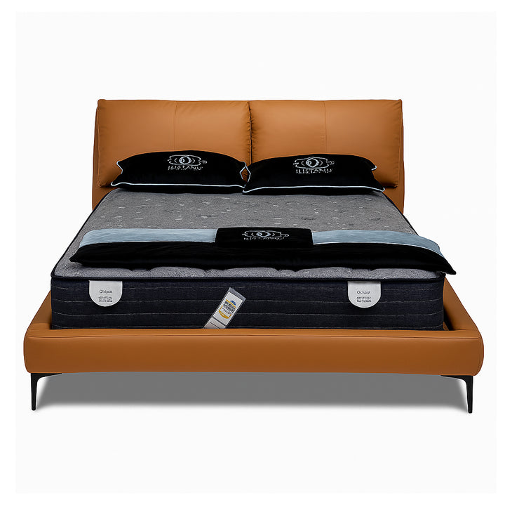 SOLANO Luxe Tan Leather Bed Frame with Cushioned Headboard