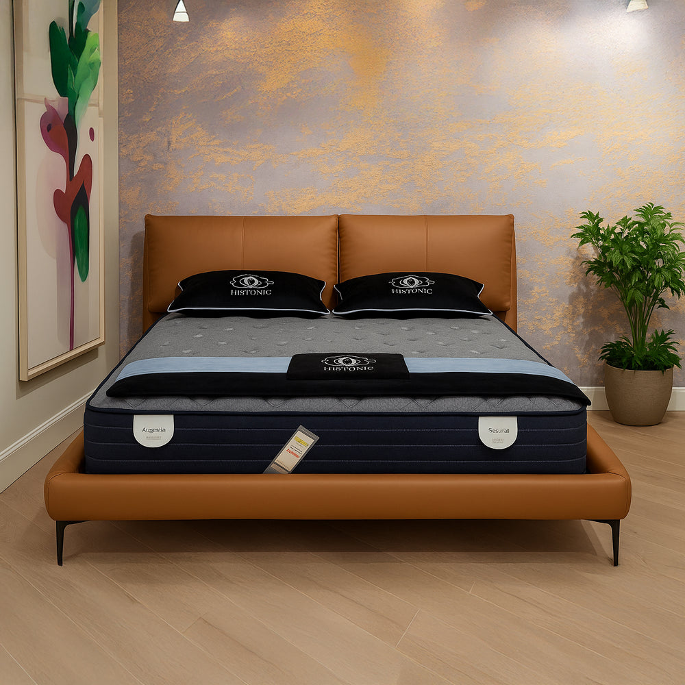 SOLANO Luxe Tan Leather Bed Frame with Cushioned Headboard
