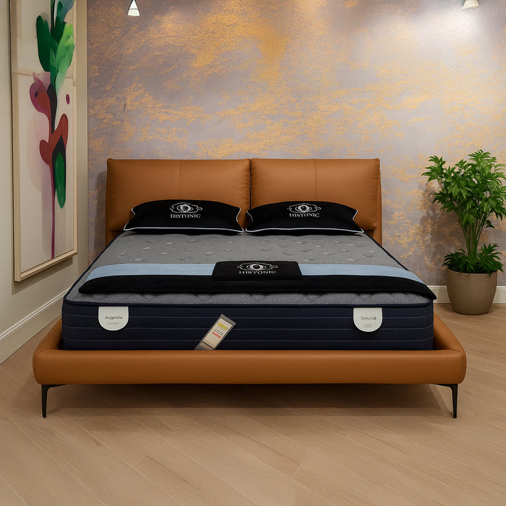 SOLANO Luxe Tan Leather Bed Frame with Cushioned Headboard