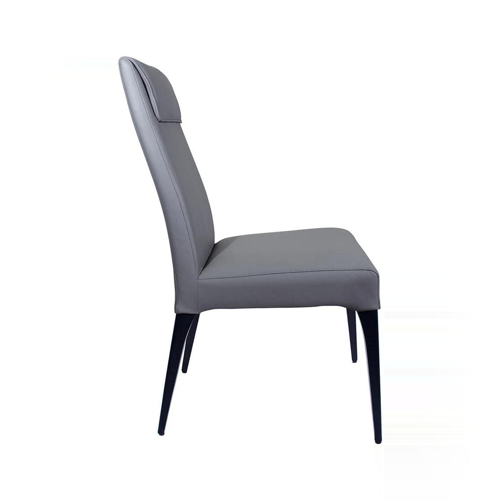 Side profile of grey leather dining chair with high back, headrest, and black tapered legs