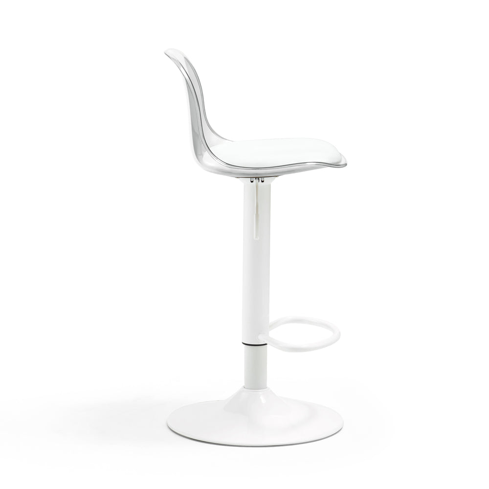 White counter stool with a transparent curved seat and backrest, pedestal base, and footrest.