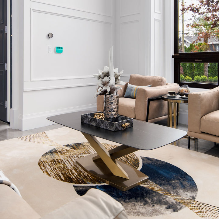 NERION Rectangular Gold Base Coffee Table – White or Black Stone Top