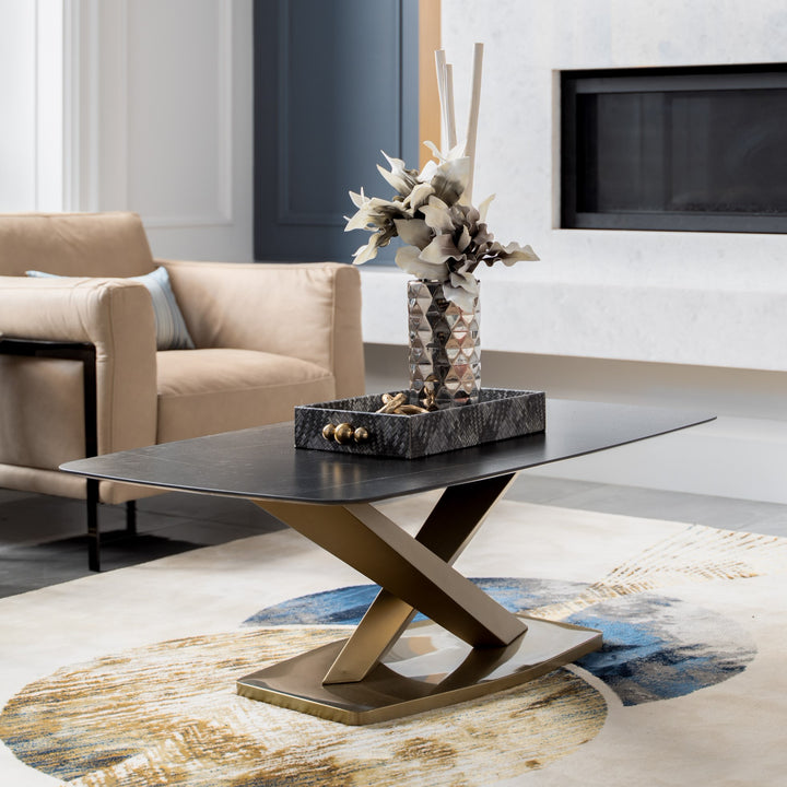NERION Rectangular Gold Base Coffee Table – White or Black Stone Top