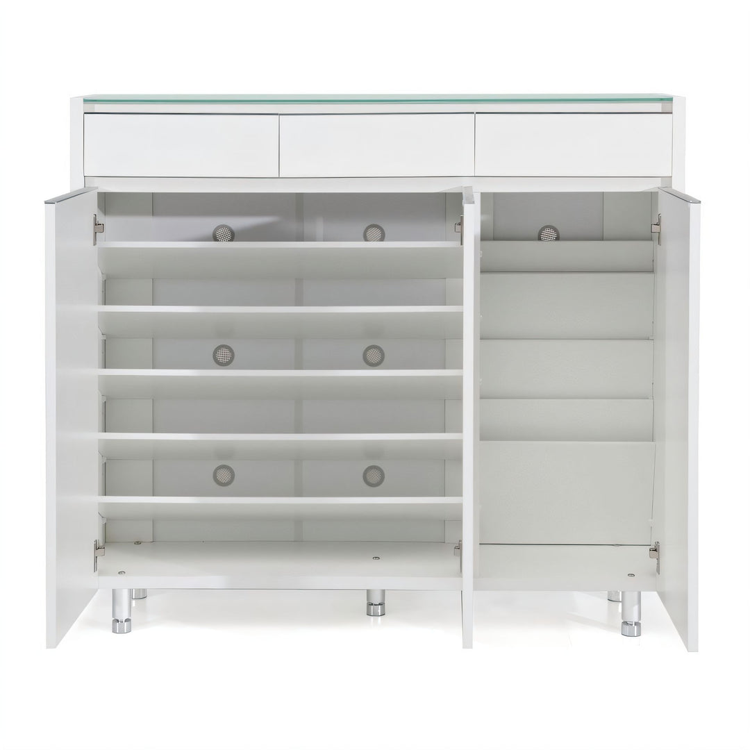 DION Glass Top White 3 Doors Shoe Cabinet