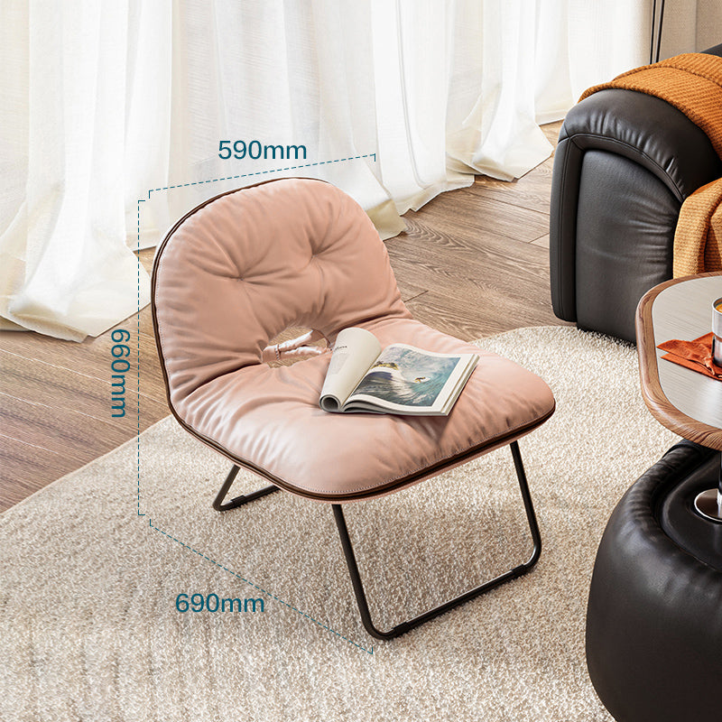 Pink cushioned chair with black metal frame, showing dimensions: 590mm width, 660mm height, 690mm depth.