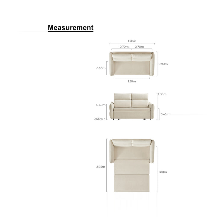 Diagram illustrating the dimensions of a sofa from different perspectives, including top view, side view, and open position, with measurements in meters.