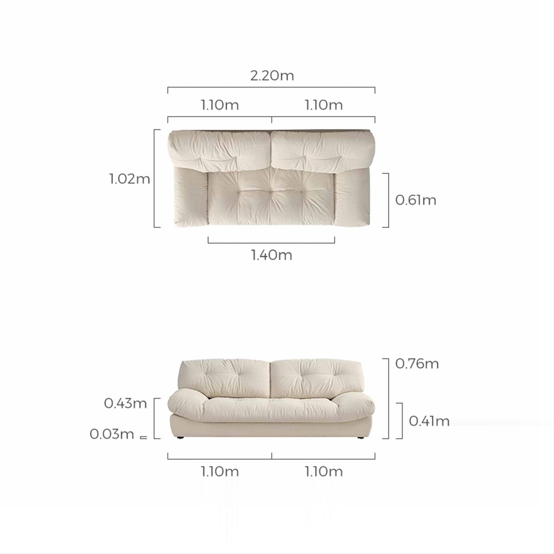 Diagram showcasing the dimensions of a light beige sofa, with detailed measurements labeled using lines and text, shown on a white background.
