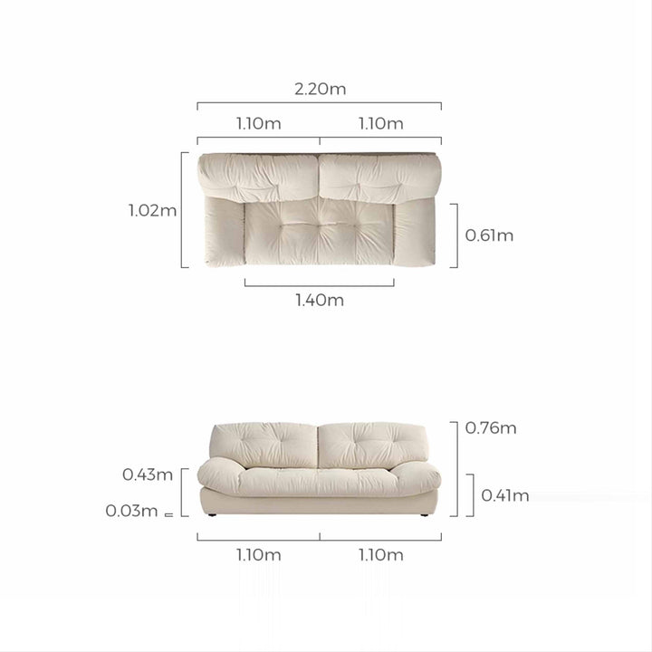 Diagram showcasing the dimensions of a light beige sofa, with detailed measurements labeled using lines and text, shown on a white background.