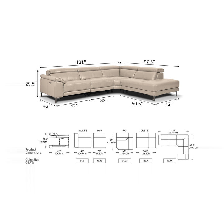 A sectional sofa with dimensions indicated, including overall lengths of 121 inches and 97.5 inches, and individual section depths of 29.5 inches, 42 inches, 32 inches, and 50.5 inches. Additional diagrams show detailed measurements of each component of the sectional sofa in both inches and centimeters.