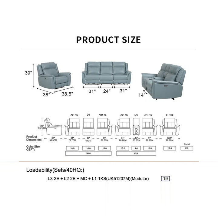Image displays dimensions of a three-seater sofa and other furniture pieces. Measurements in inches and centimeters are provided to showcase product size and configurations.