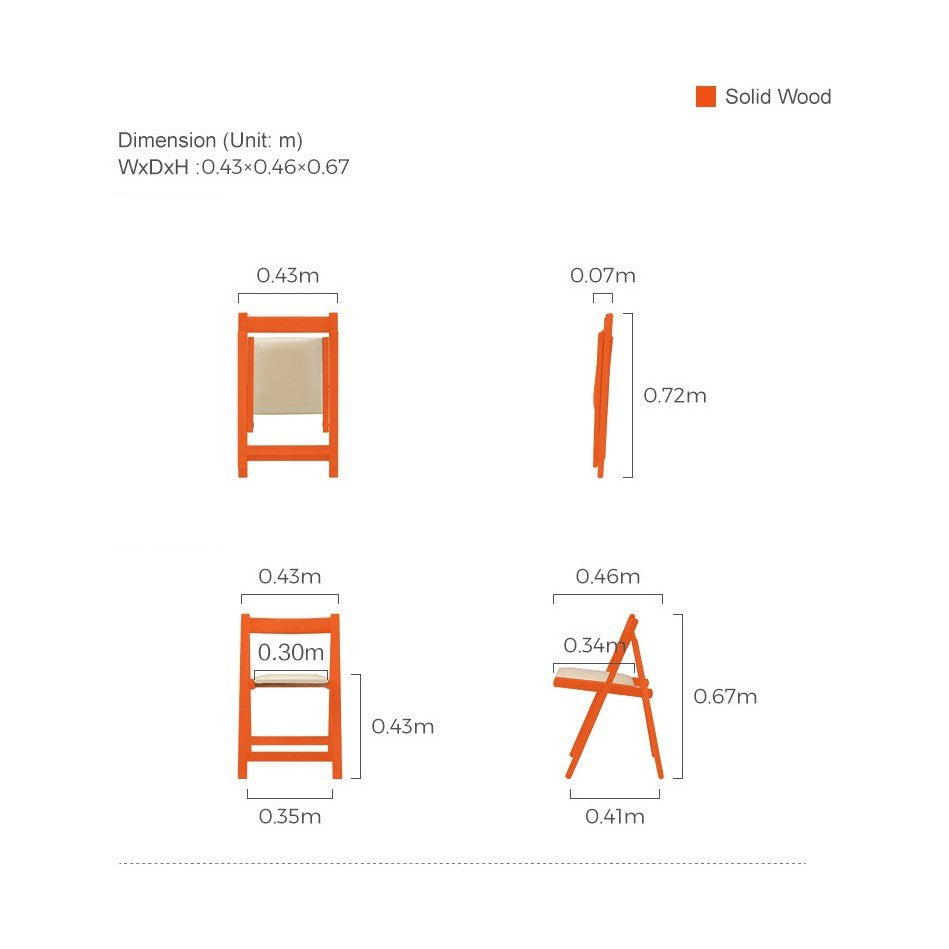 Technical diagram of an orange solid wood folding chair with a beige seat, showing dimensions and folding views.