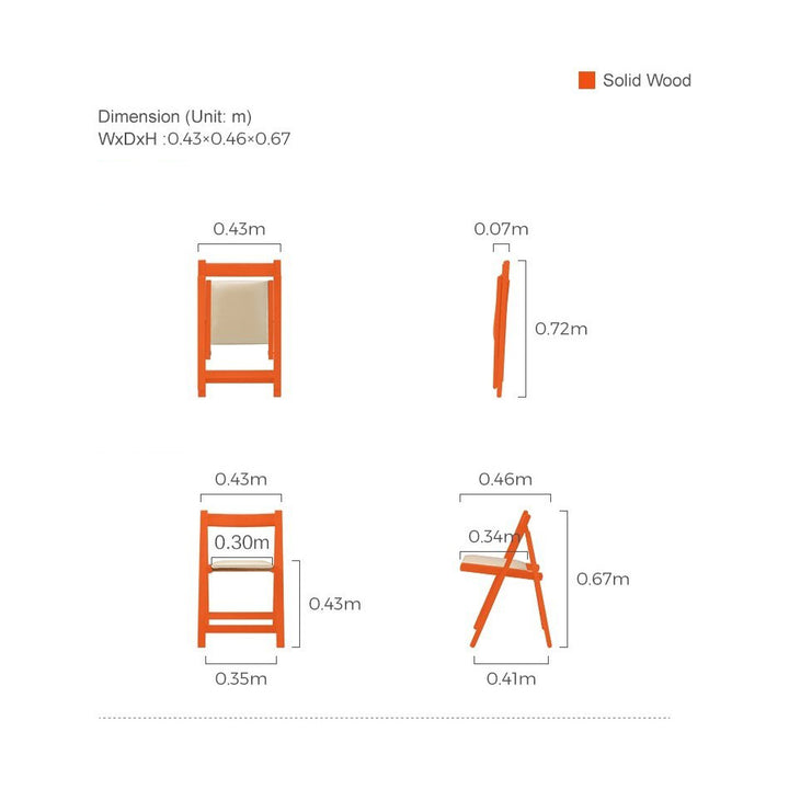 Technical diagram of an orange solid wood folding chair with a beige seat, showing dimensions and folding views.