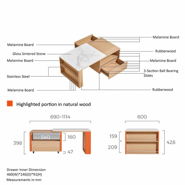 SRILANKA Extendable Wood & Stone Coffee Table