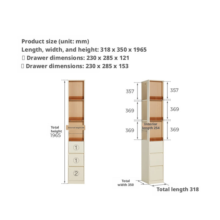Dimensions of a cabinet with drawers shown in millimeters