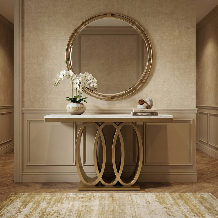 RHYS Brushed Gold Faux Marble Console Table