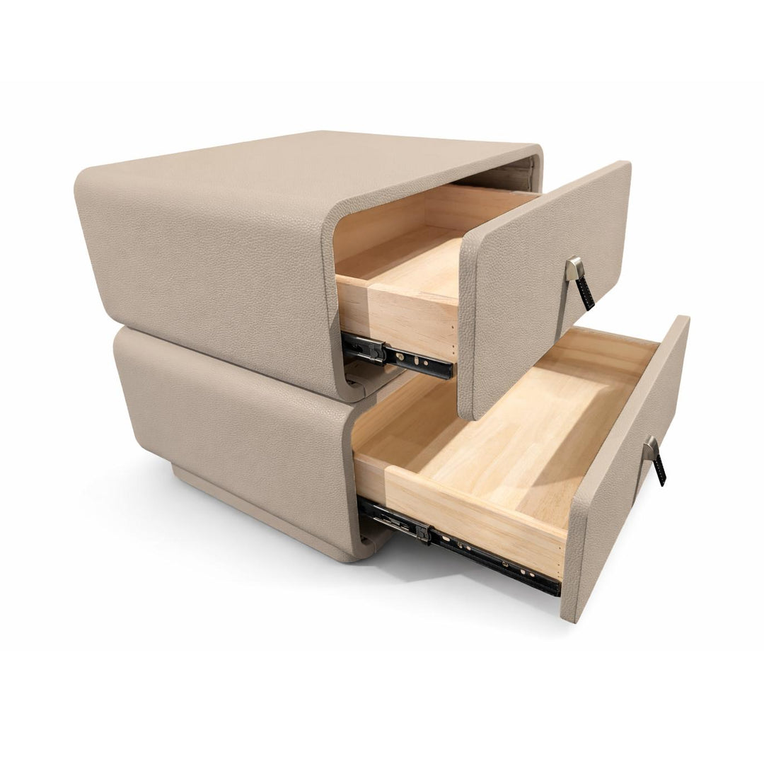 Beige upholstered nightstand with two open drawers revealing light wood interior and metal slides.