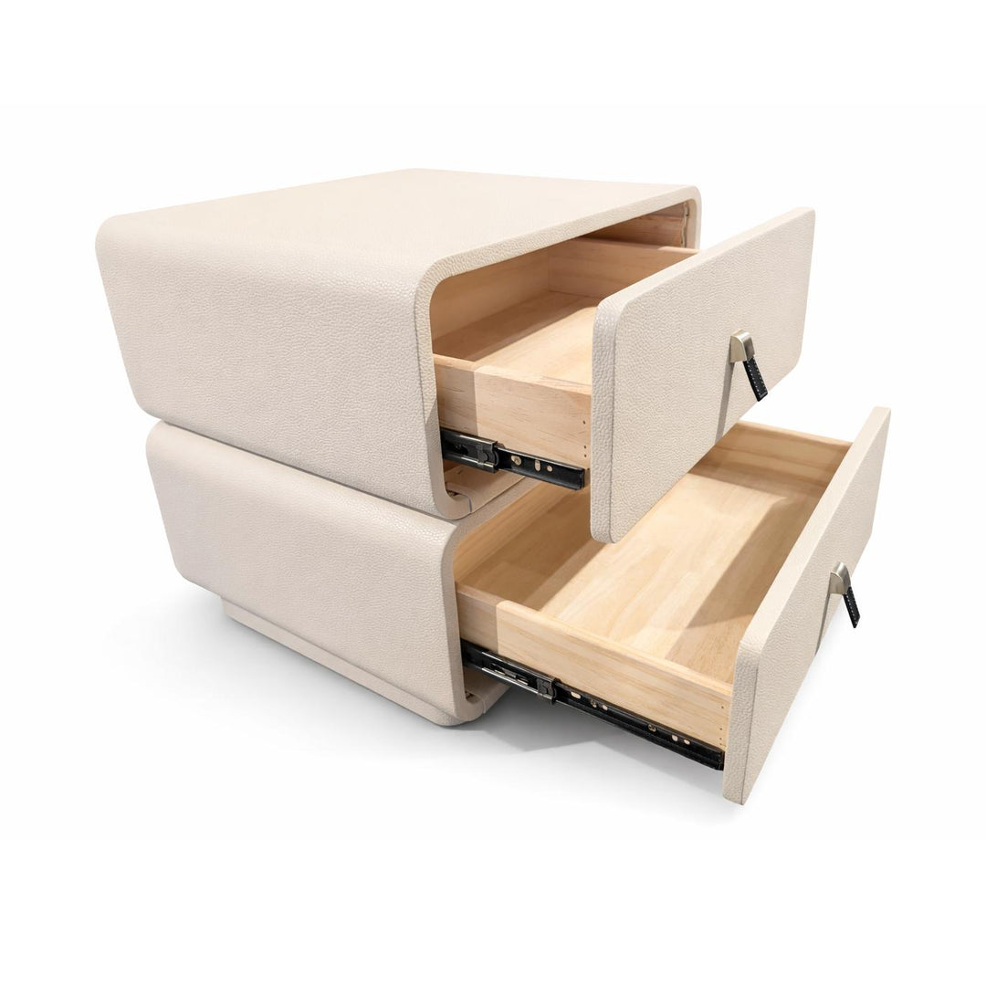 Beige leather nightstand with two open drawers revealing light wood interiors and metal slides.