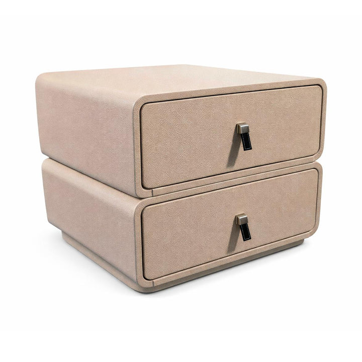 Textured light grey nightstand with two drawers featuring dark rectangular metal pulls and rounded padded edges.
