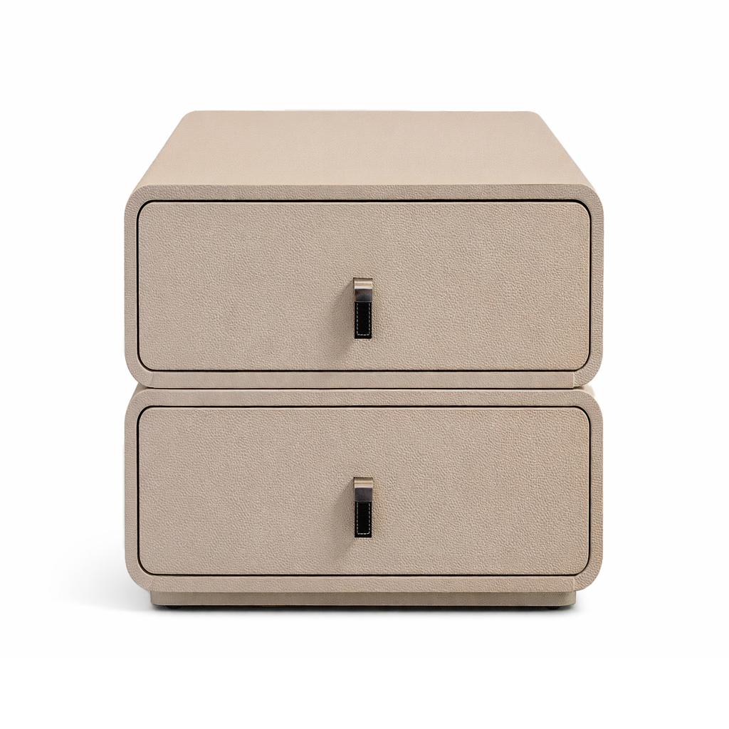 Textured beige nightstand with two drawers and black metal handles