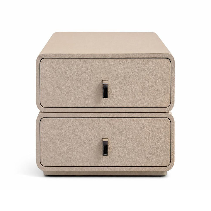 Textured beige nightstand with two drawers and black metal handles