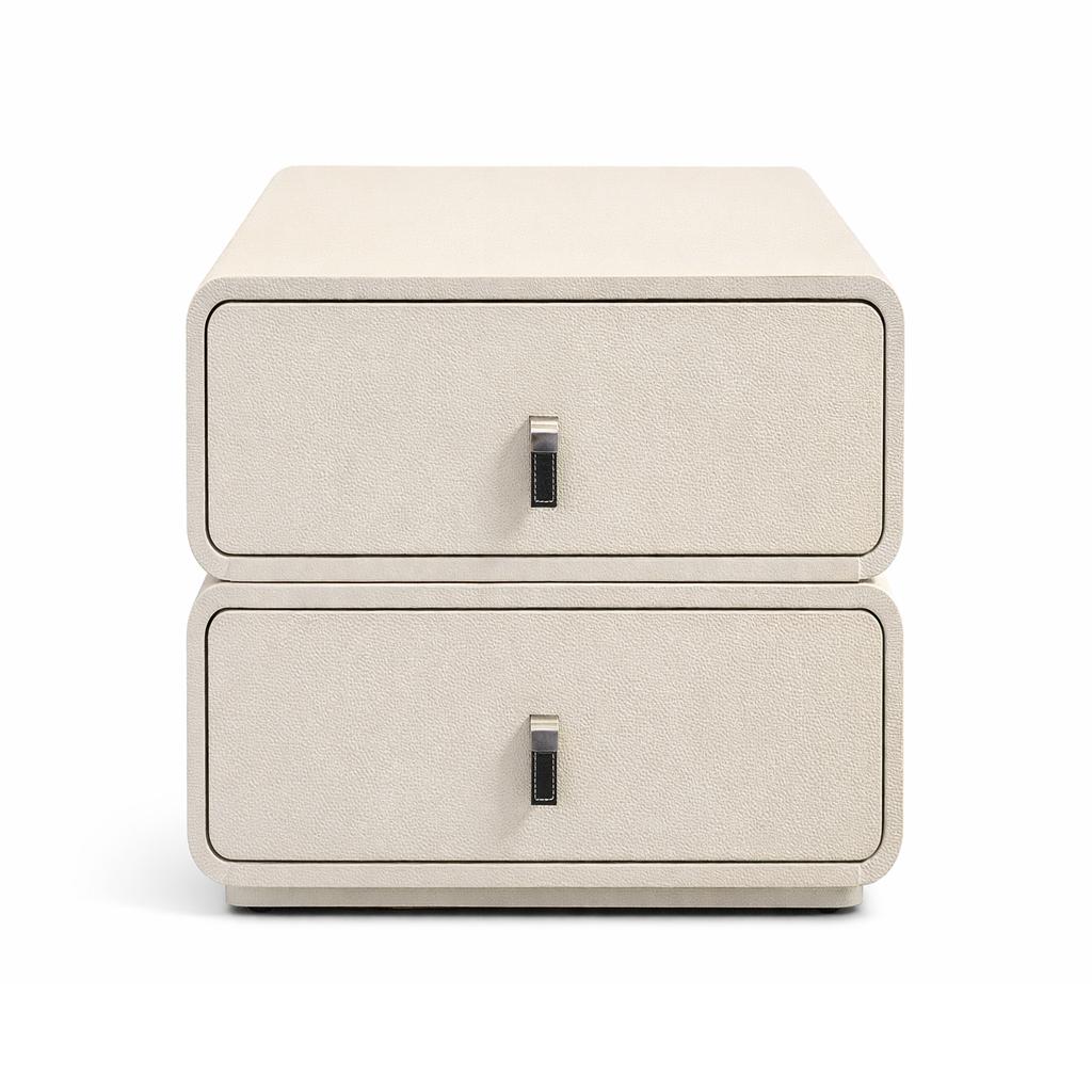 Cream-colored two-drawer nightstand with textured surface and vertical metal handles.