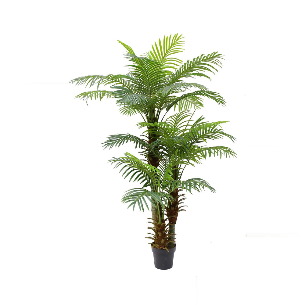 An artificial palm tree in a black pot, presented against a clean white background.
