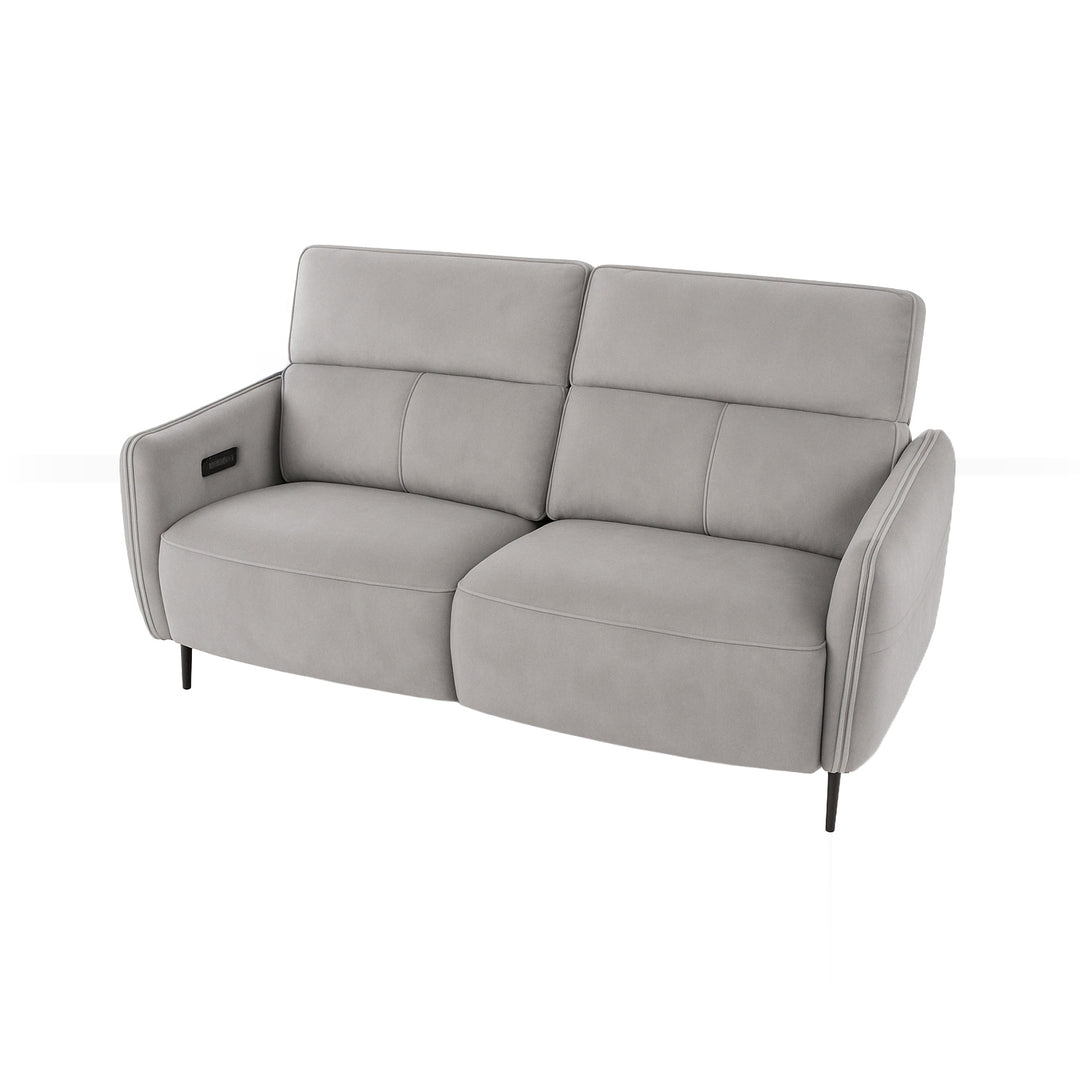 Two-seater light gray recliner sofa on a white background.