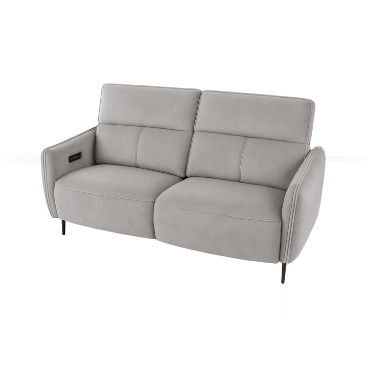 Two-seater light gray recliner sofa on a white background.
