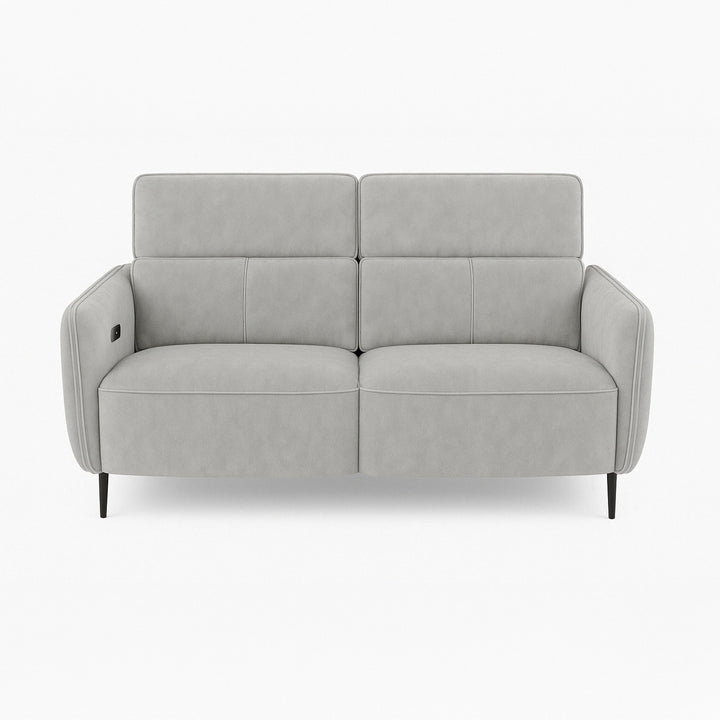 A light gray two-seater sofa with a modern design sits against a plain white background. It has a slightly elevated backrest and sleek, minimalist black legs.