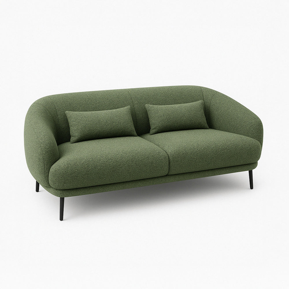 Olive green textured fabric sofa with a curved backrest, two seat cushions, and slender black metal legs.