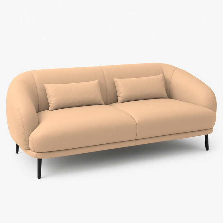 A peach-colored, two-cushion sofa with black legs on a white background.