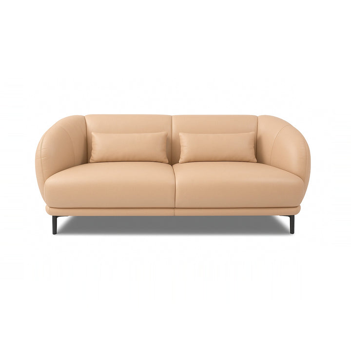 A beige two-seater sofa with pillows on a white background.