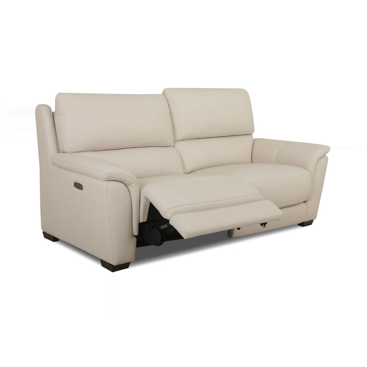 A cream-colored two-seater recliner sofa is displayed on a white background, with one recliner extended.