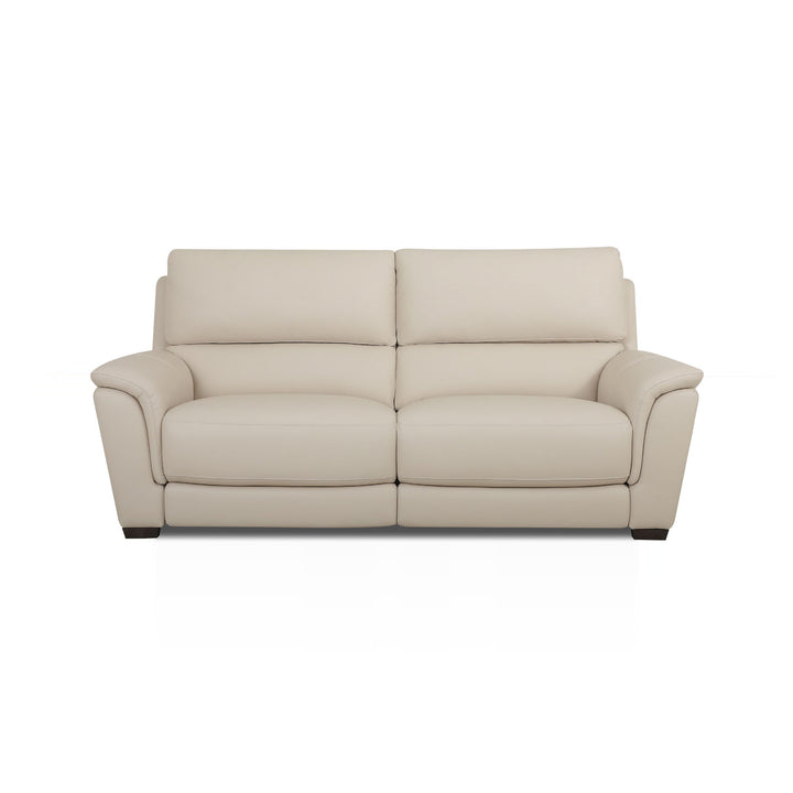 A beige leather sofa is displayed on a white background.