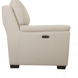 A beige upholstered armchair with a power control panel on a white background.