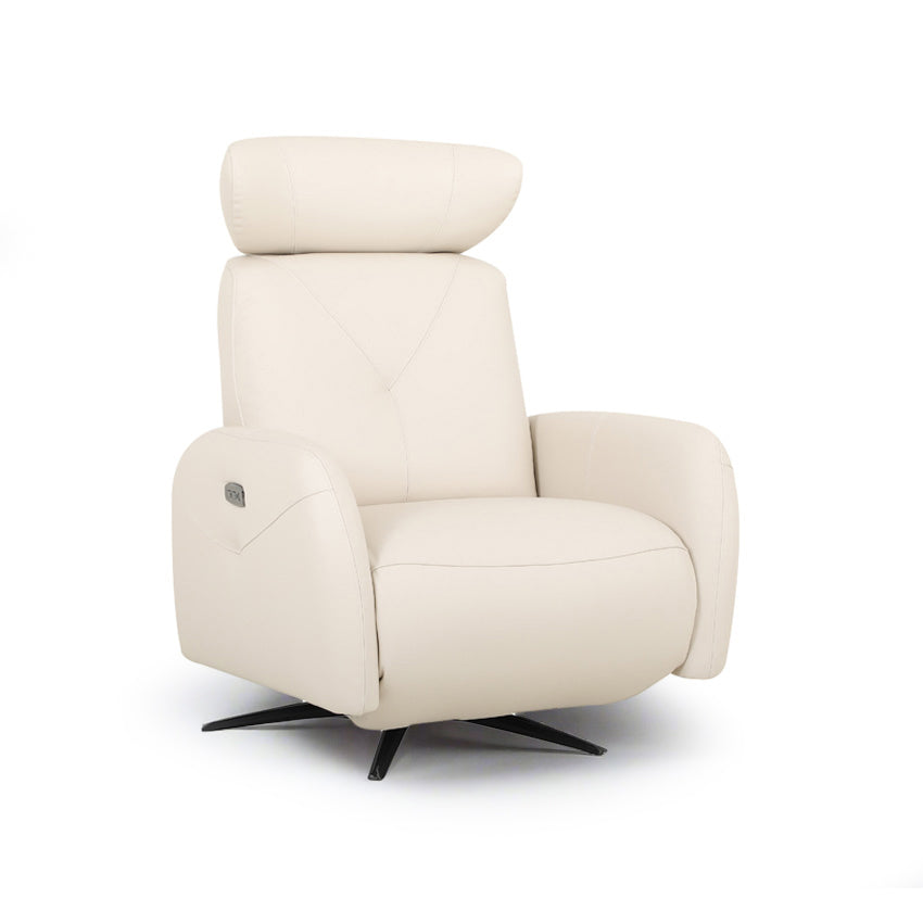 A bisque-colored leather sofa chair isolated on a white background.