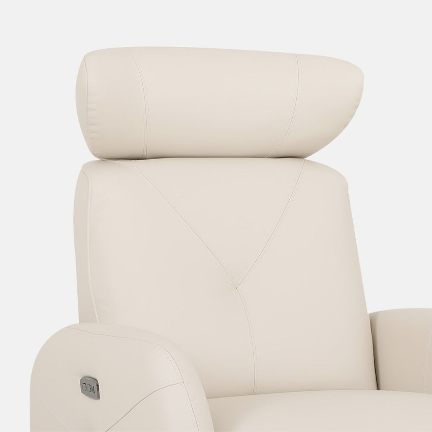 Close-up of a Bisque Leather Sofa Chair on a White Background, focusing on the headrest and armrest detail.
