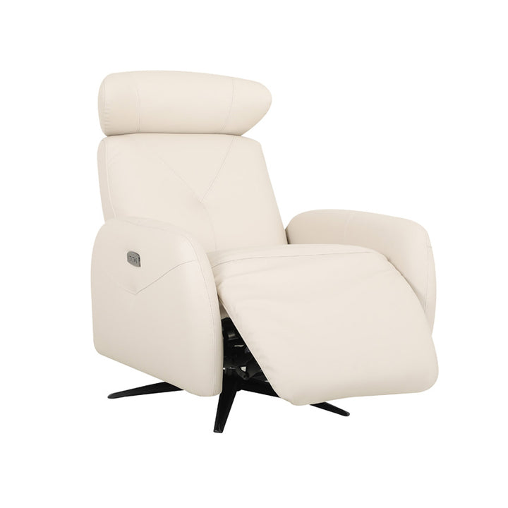 A bisque-colored leather sofa chair with a reclined footrest is shown against a white background.