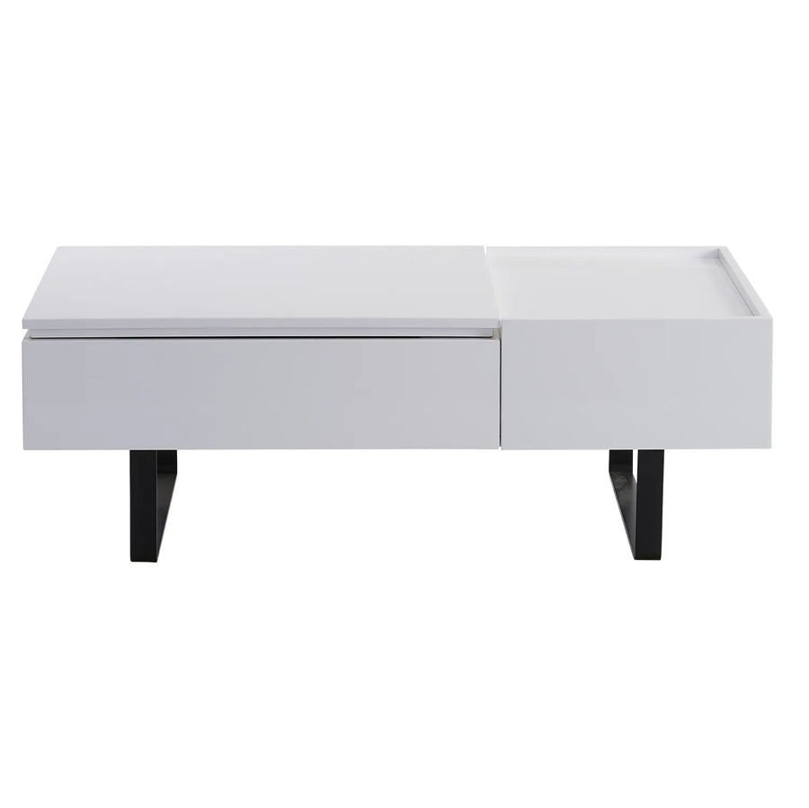 ADRIENNE White Lift-Up Coffee Table: “Stylish white lift-up coffee table with contrasting black legs, featured at Home Quarters Furnishings in Vancouver.”