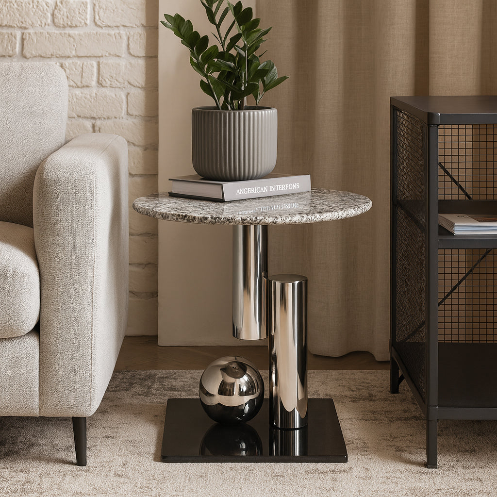 VELORIN Snow Fox White Marble & Steel Ball End Table