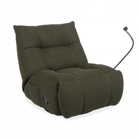 Olive green textured fabric recliner chair with segmented cushions and a side control panel with a long cord.