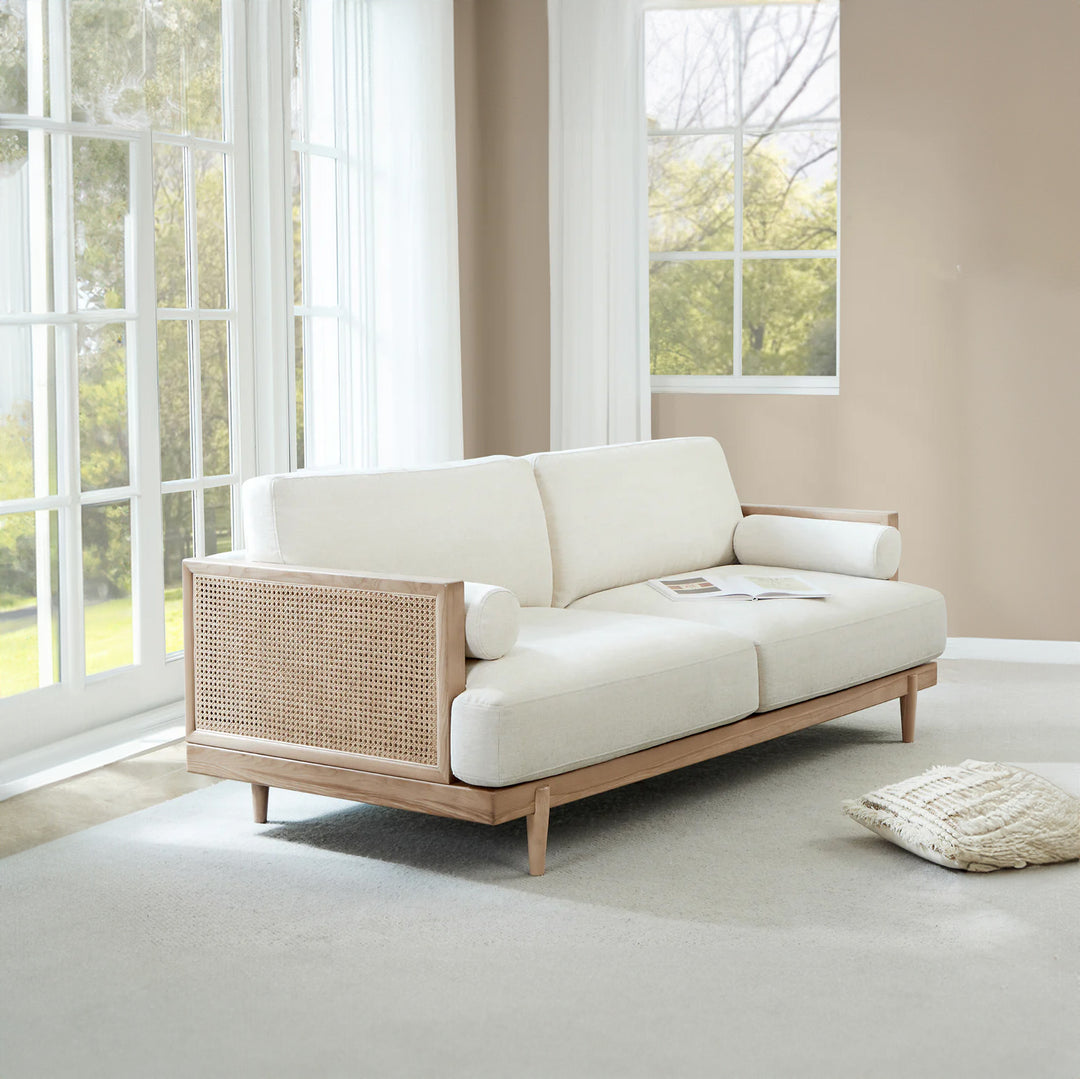 ELEANOR White Fabric Rattan Sofa