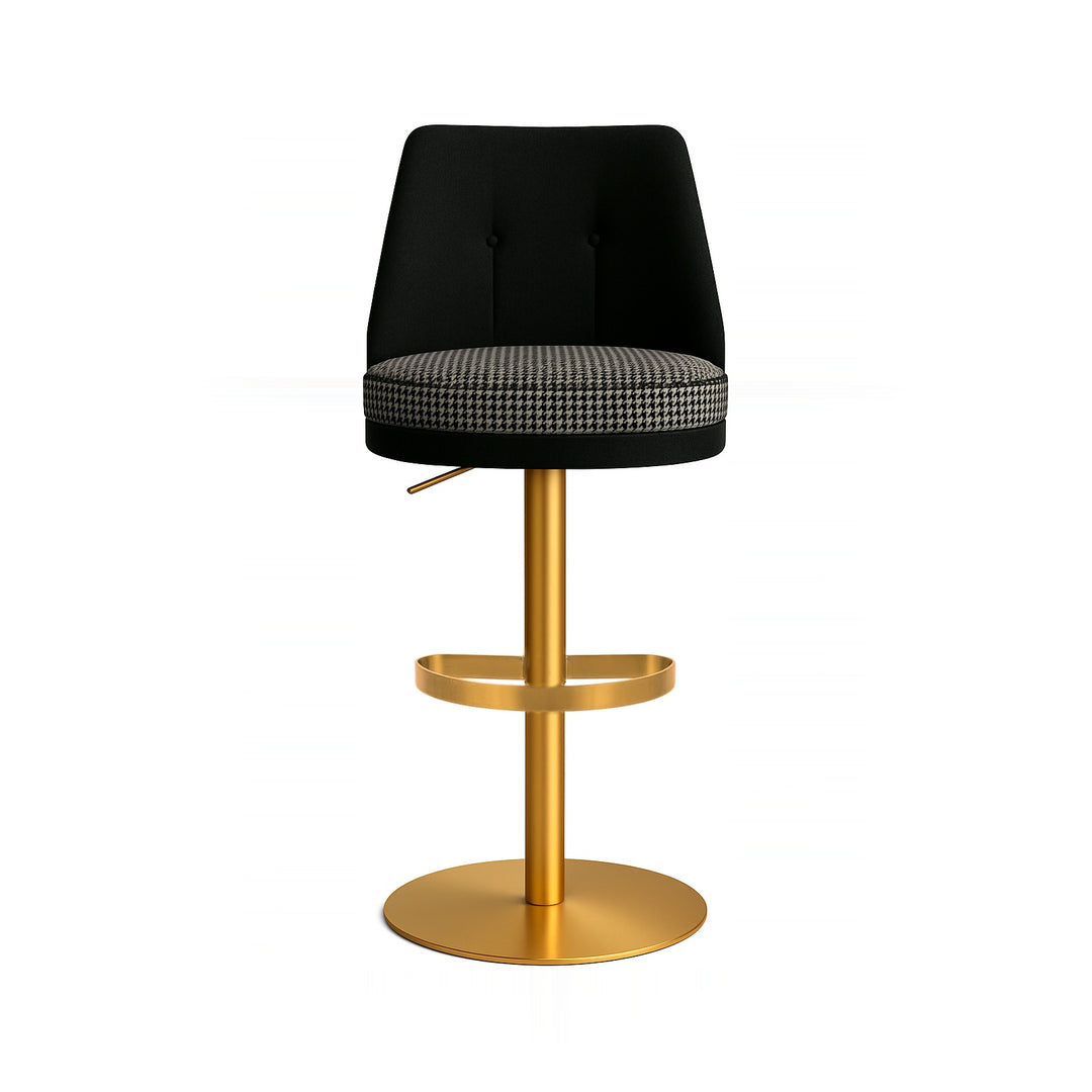 A black and houndstooth barstool with a gold base is displayed on a white background.