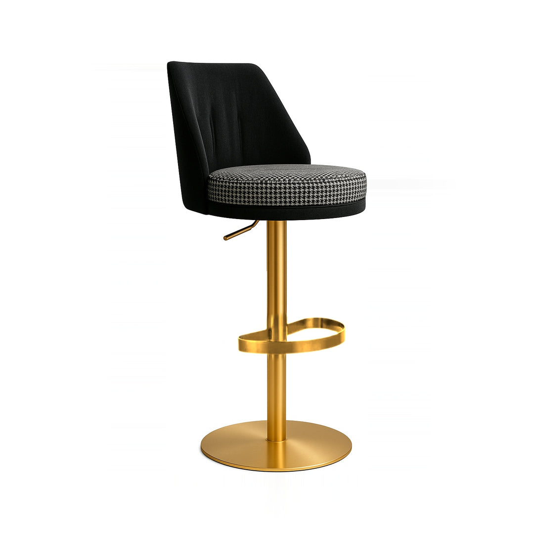 A black and white houndstooth patterned bar stool with a gold base on a white background.