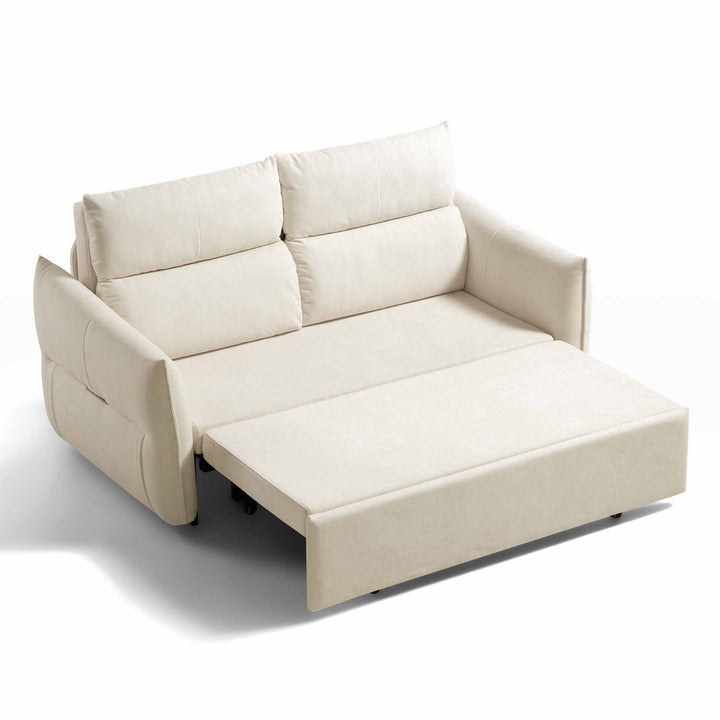 A white sofa with the pull-out bed extended, set against a white background.