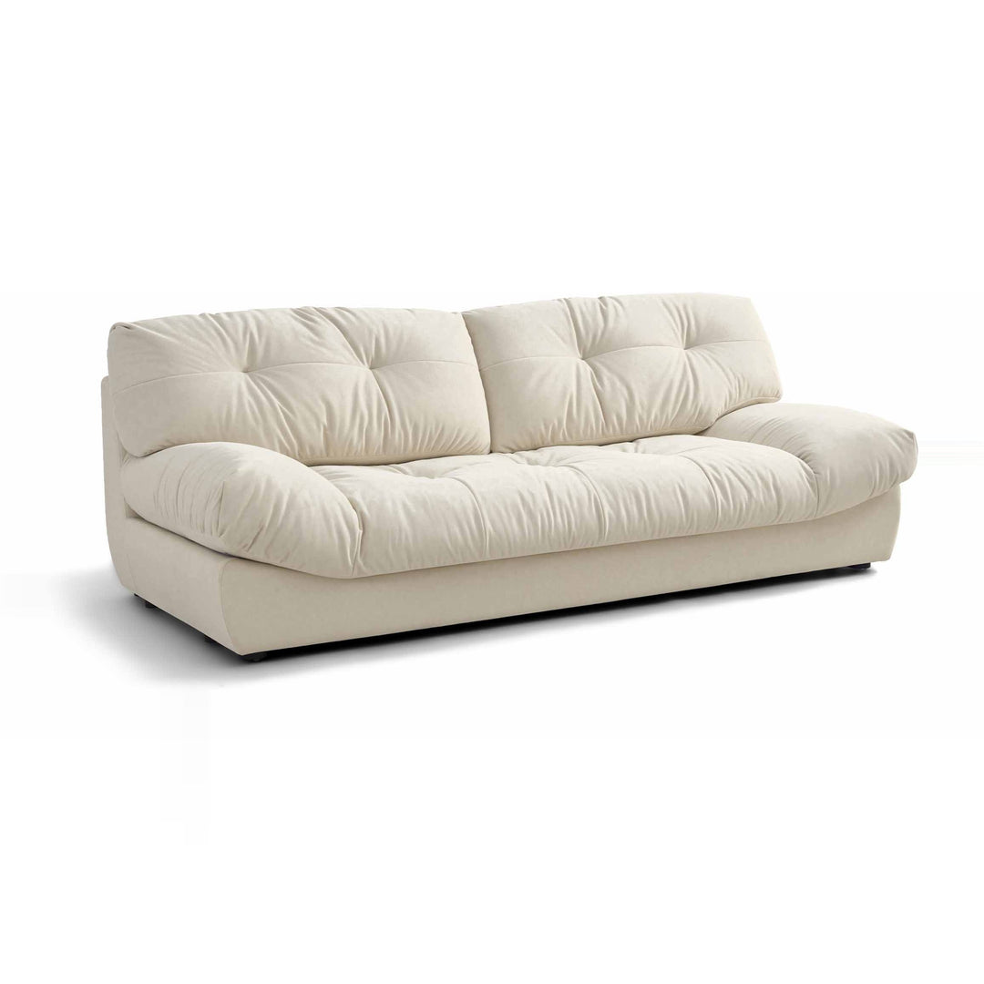 A two-seater sofa with off-white, tufted cushions is centered on a white background.