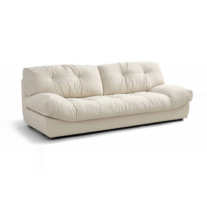 A two-seater sofa with off-white, tufted cushions is centered on a white background.